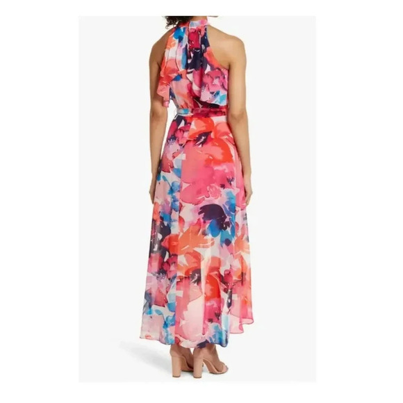 Eliza J. Floral Halter Neck Chiffon Hi-Low Maxi Dress Pink Fit & Flare Size 18 - Picture 3 of 8